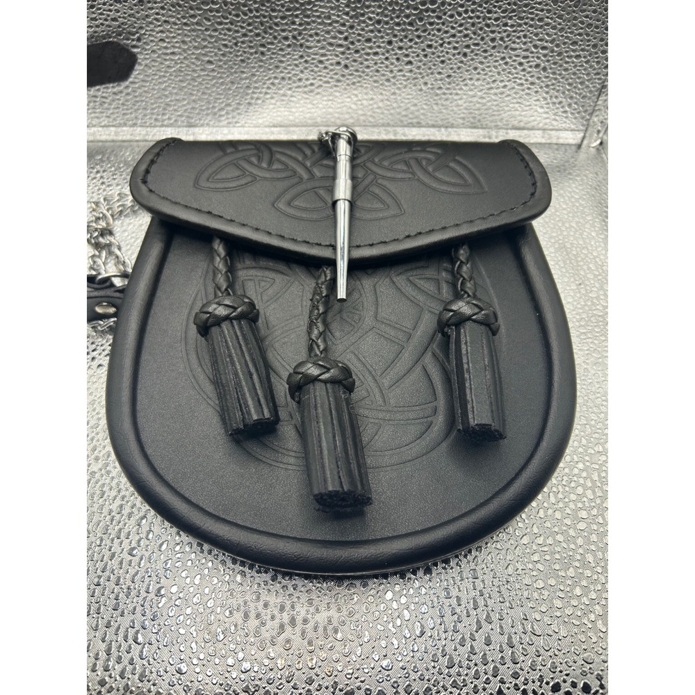 Black Leather Scottish Sporran Celtic Knot Embossed Tassels with Chain Strap